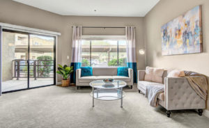 A living room within a Robson Senior Living community apartment