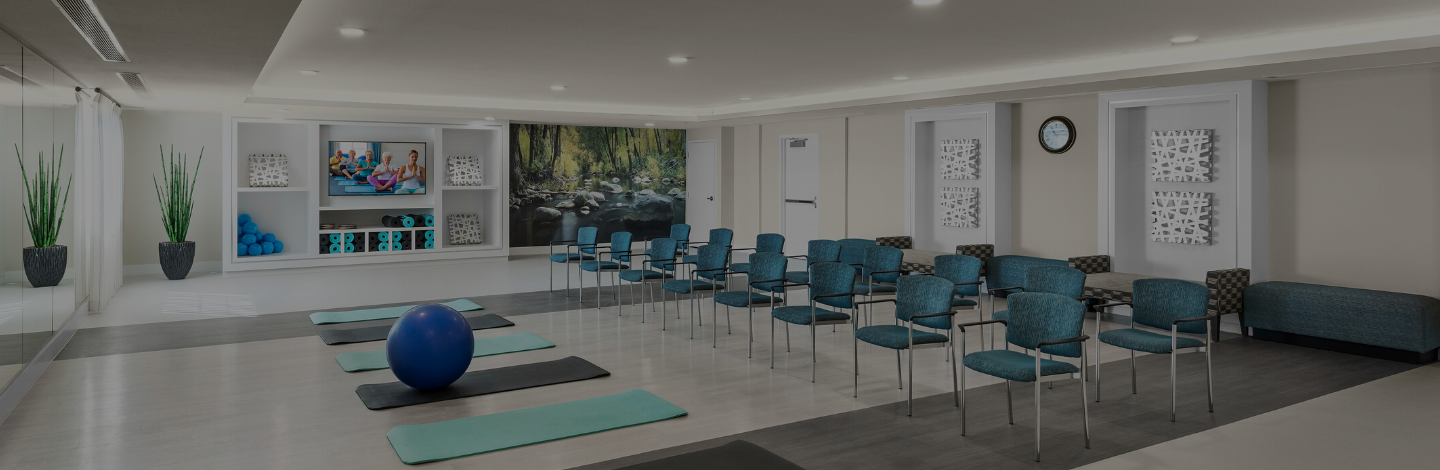 A group fitness room at Robson Senior Living